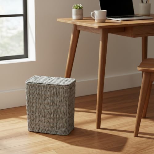 Coeusy Small Wicker Bathroom Trash Can with Lid, Grey