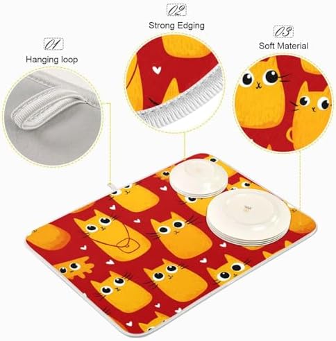 OTVEE Doodle Cat Print Dish Drying Mat for Kitchen Counter Absorbent