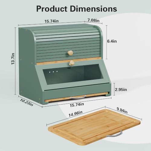 HOLTICO Roll Top Bamboo Bread Box with Cutting Board for Kitchen, Green
