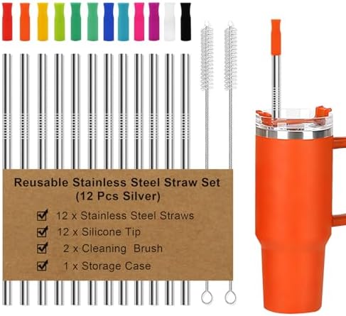 Newly Upgraded 8.5In Reusable Stainless Steel Straws Set 12 PCS with