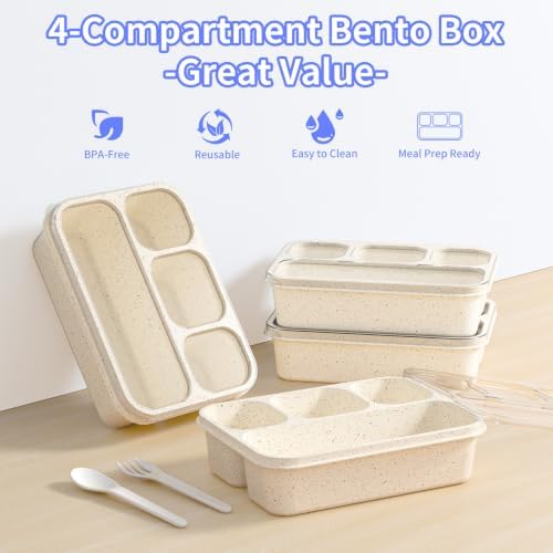 Bento Box 5-Pack, 4-Compartment Lunch Box for Women, Men & Kids