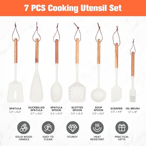 Silicone Cooking Utensils Set of 7, Wooden Handle (White)