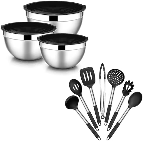 E-far Mixing Bowls with Lids Set of 3 with Silicone Cooking Utensils