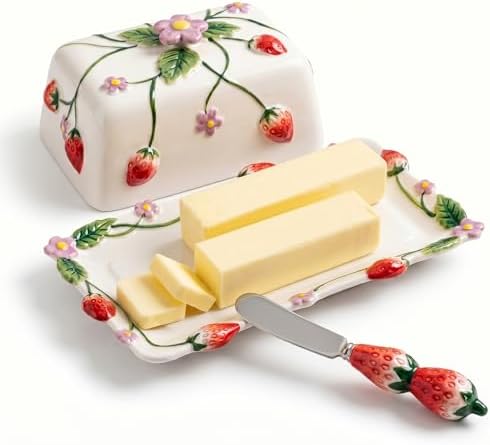 Cottage Strawberry Butter Dish w/ Lid & Knife, Artisanal Handmade