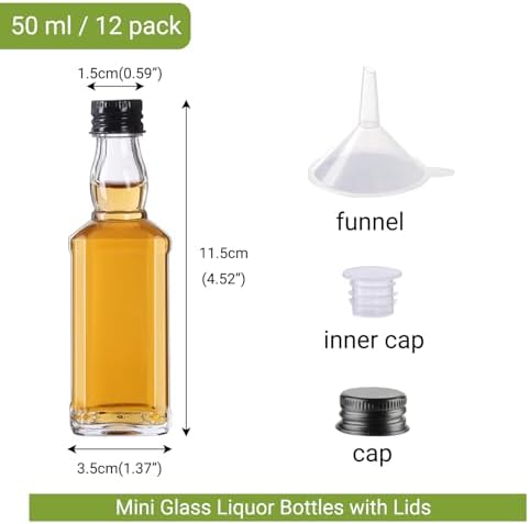 12 Pack 1.5oz Hot Sauce Bottles, Mini Glass Liquor Bottle With Lids