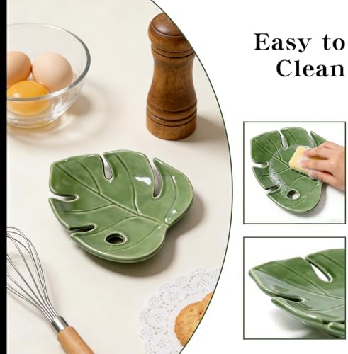 Ceramic Spoon Rest for Kitchen Counter, Leaf Shaped Decorative Utensil