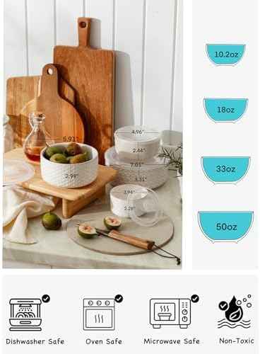 Serving Bowls with Lids, Ceramic Nesting Bowls Set of 4, Off-White
