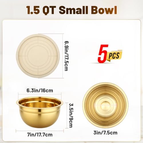 Beasea Stainless Steel Mixing Bowls with Lids, 1.5 QT, 5 Pack, Gold