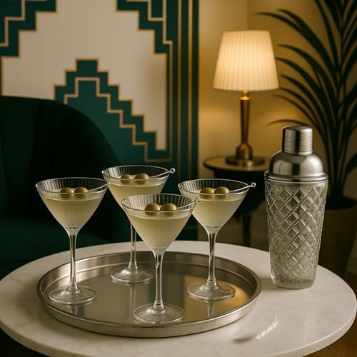 VEMACITY Silver Cocktail Shaker Set + 2 Ribbed Martini Glasses & Bar