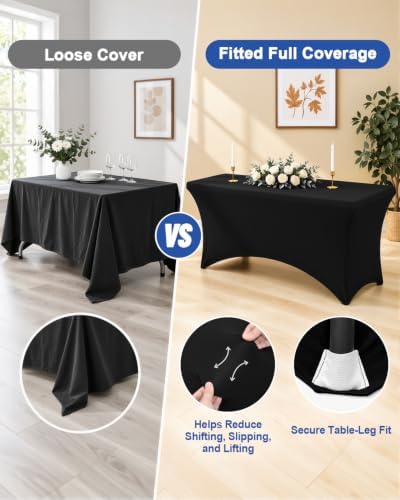 Smiry 2 Pack Spandex Table Cloth 6FT, Elastic Fitted Black Tablecloth