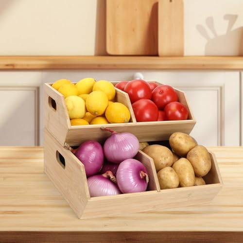 Bamboo Pantry Organizers and Storage Bins, 2 Set Stackable Baskets for