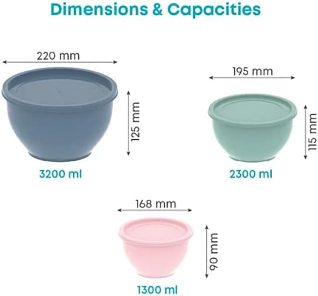 Plastic Mixing Bowl Set with Lids, 3-Piece, 1.3L/2.3L/3.2L