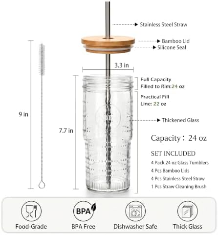 24 oz Glass Cups with Bamboo Lids and Straws,Glass Iced Coffee Tumbler