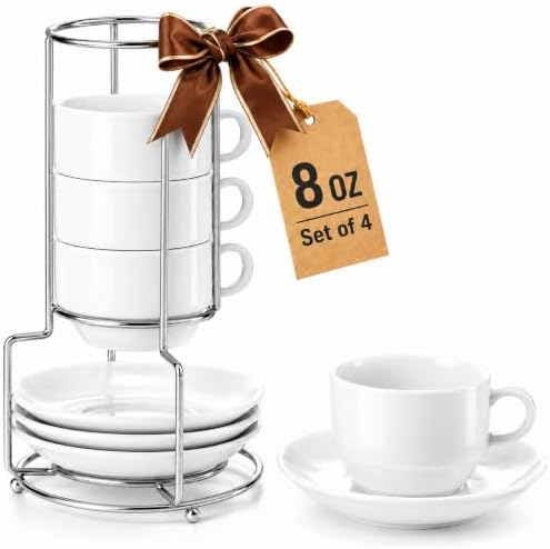 8 oz Porcelain Cappuccino Cups with Saucers and Metal Stand, Set of 4