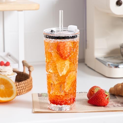 YUN TAO 16 oz Glass Cups with Lids and Straws, Set of 4 Clear Embossed