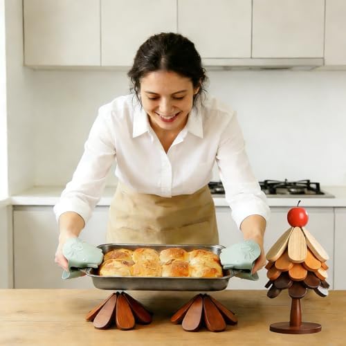 5Pcs Foldable Pine Wood Christmas Tree Trivet Set with Stand, 2