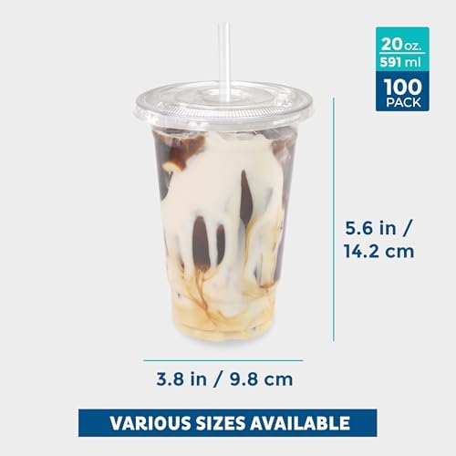 Freshware Clear Plastic Cups with Flat Lids and Straws