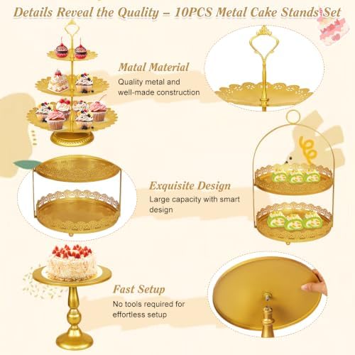 10 Pcs Gold Cake Stand Set Metal Cupcake Stands, Multiple Styles