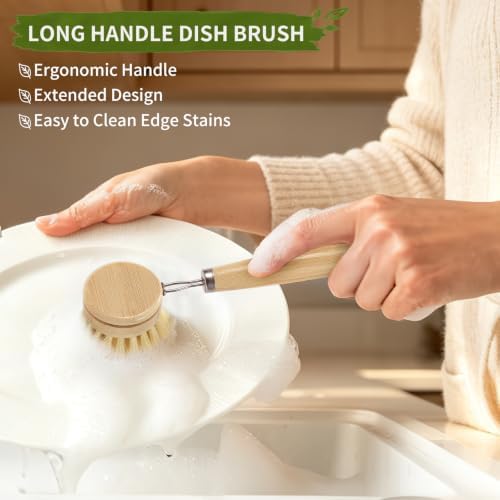 6 Pack Bamboo Dish Brush Set, Natural Dish Brush with Long Handle