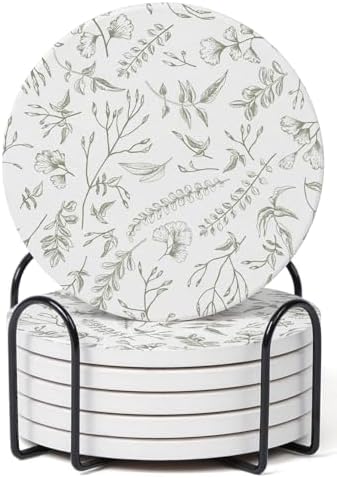 Set of 6 Floral Sage and White Coasters with Holder, Absorbent Ceramic