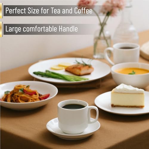 BTaT- Stackable Tea Cups and Saucers, White, Set of 6 (8 oz)