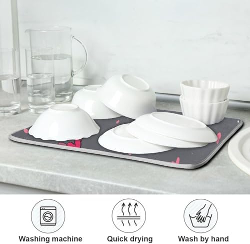 OTVEE Pink Wing Art Dish Drying Mat for Kitchen Counter Absorbent Heat