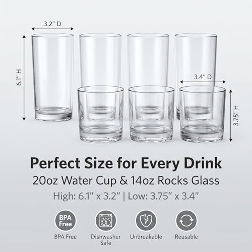 Meolibour® Plastic Drinking Glasses Set of 8, 14oz Rocks & 20oz Water