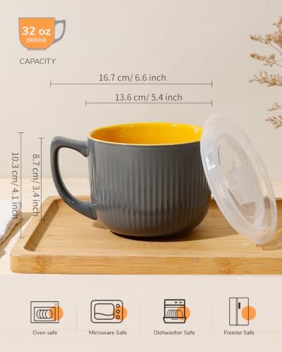 Ceramic Soup Bowl with Handle 32oz – Microwave Ramen Bowl with Lid
