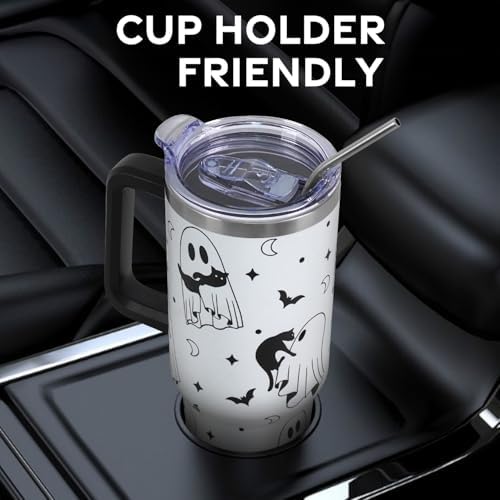 Halloween Tumbler with Lid and Straw 40oz,Gothic Ghosts Cat Vacuum