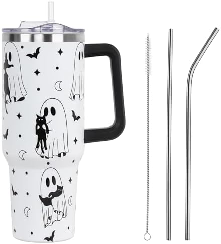 Halloween Tumbler with Lid and Straw 40oz,Gothic Ghosts Cat Vacuum