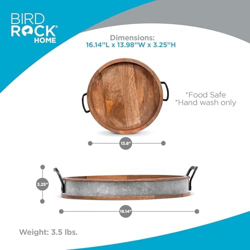BIRDROCK HOME Round Wood Serving Tray with Handles and Iron Accents