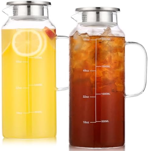 2-Pack Glass Pitcher with Lid, 68oz 2 Quart Water Pitchers With Handle