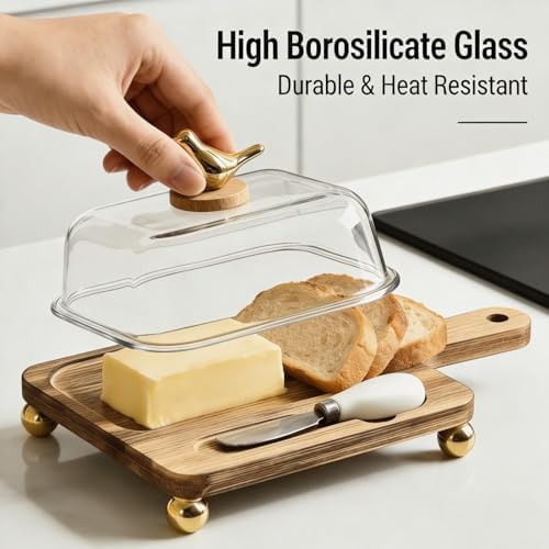 HAN SHENG Gold Bird Butter Dish with Glass Lid Knife, Butter Storage