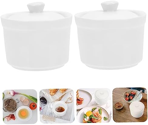 Ceramic Stewing Bowl Set of 2 with Lid White for Homes and Hotels