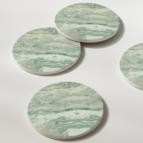 Set of 6 Sage Green Abstract Onyx Marble Coasters with Holder