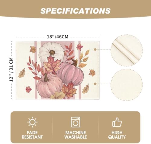Artoid Mode Pink Pumpkin Maple Leaf Fall Placemats Set of 4-12