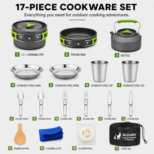 MalloMe Camping Cookware Mess Kit for Backpacking Gear – Camping