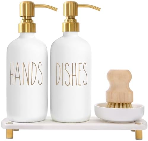 MOMEEMO Soap Dispenser Set, Stainless Steel Pumps, Gold & White