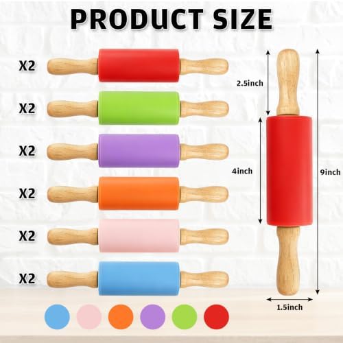 12 Pack 9 Inch Mini Silicone Rolling Pin for Kids Wooden Handle