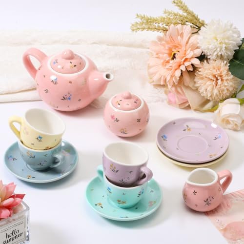 CHENP.HMC Porcelain Tea Set with Floral Pattern, Complete Teapot