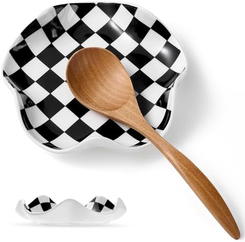 Qipecedm Ceramic Spoon Rest, 5.3in Black & White Pattern, Heat