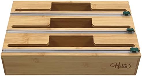 HELIA Bamboo Kitchen Wrap Organizer | Wall Mounting Solid Bamboo Foil and Plastic Wrap Dispenser with Sliding Cutters | Aluminum Foil and Plastic Wrap Dispenser with Cutter