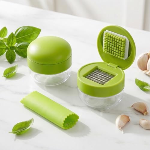 2 Sets 3-in-1 Mini Garlic Press Set, Silicone Peeler