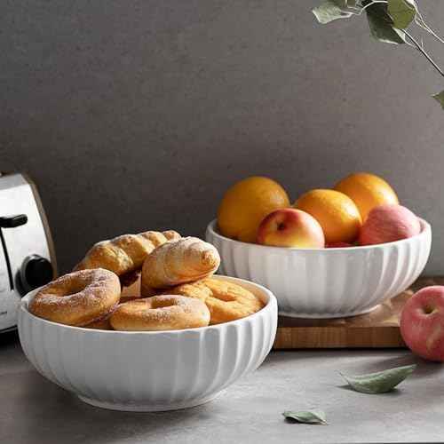 DOWAN 9.8'' Serving Bowls, 86 oz Large Salad Bowl, Ceramic Serving Dishes, Set of 2, Pumpkin Shape for Christmas, Entertaining, Party, Kitchen, Dinner, Banquet, Housewarming Gift, White