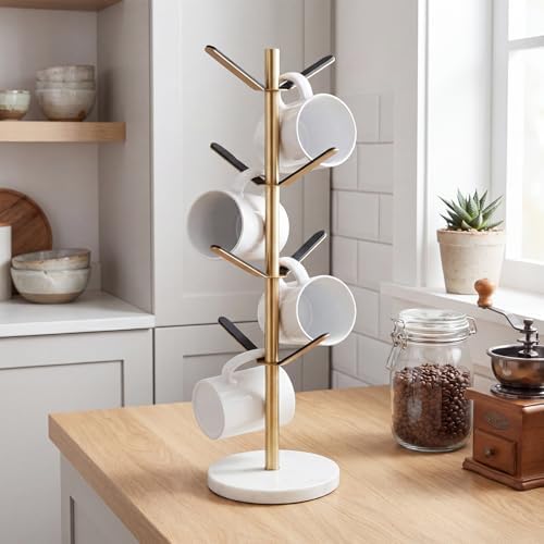 Gold Mug Holder Tree with Marble Base, 8 Hooks Coffee Cup Holder