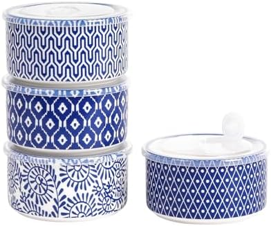 Selamica 14 OZ Ceramic Bowls with Lids, Set of 4, Vintage Blue