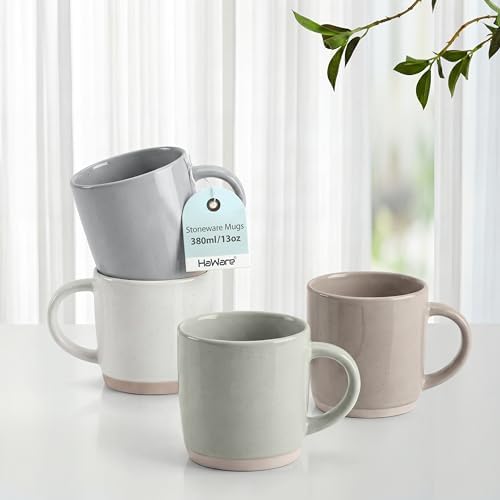 HaWare 13OZ Coffee Mugs with Handles, Stoneware Coffee Cups for 4