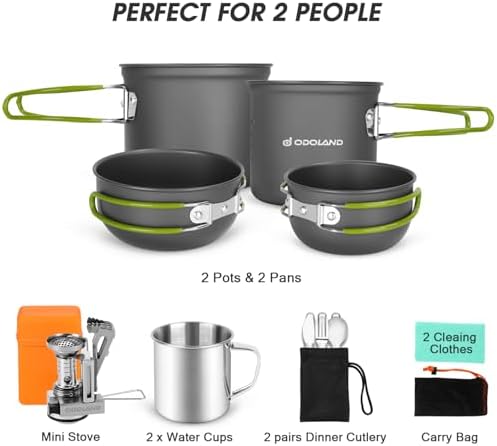 Odoland 16pcs Camping Cookware Mess Kit, Lightweight Pot Pan Mini
