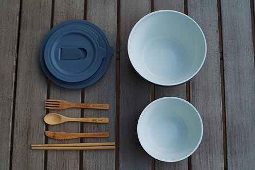 RIGWA FRESH BOWL SET - SNOWBIRD - Ceramic Coated Stainless Steel Insulated Bowl Set - 40 oz and 20 oz Vacuum Sealed Food Bowls with Lids - Complementary Bamboo Utensil Set - Non-Toxic & BPA Free