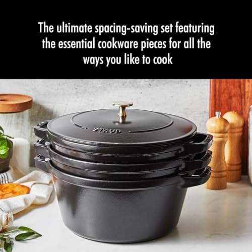STAUB Cast Iron Set 4-pc, Stackable Space-Saving Cookware Set, Dutch